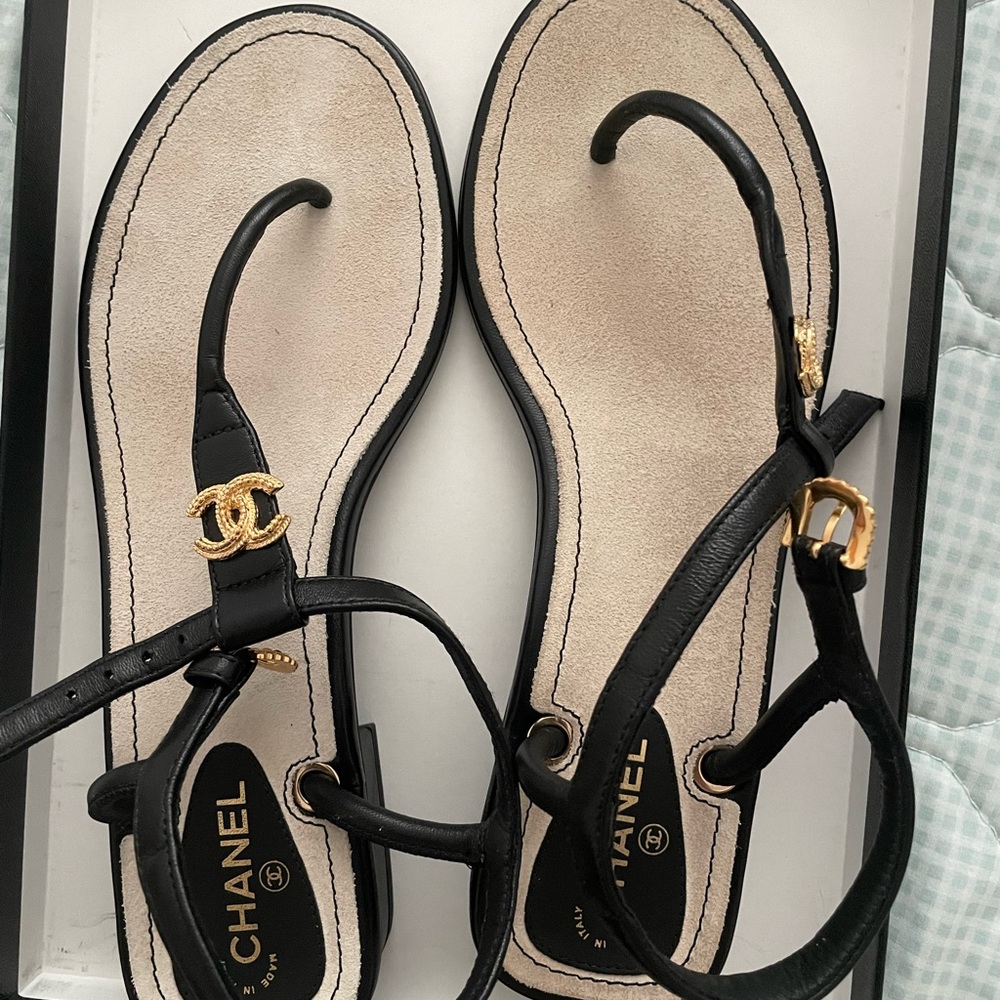 Chanel Lambskin Logo Black Sandals- NWT- size 7.5